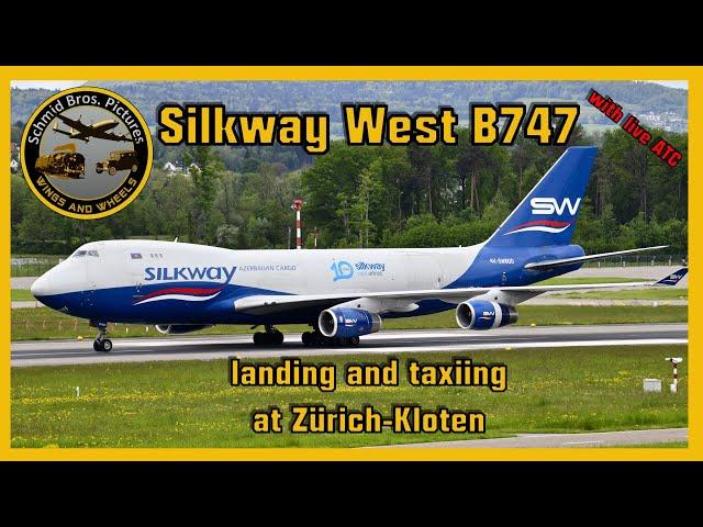 Silkway West Airlines Boeing 747 landing and taxiing at Zürich-Kloten (with live ATC)