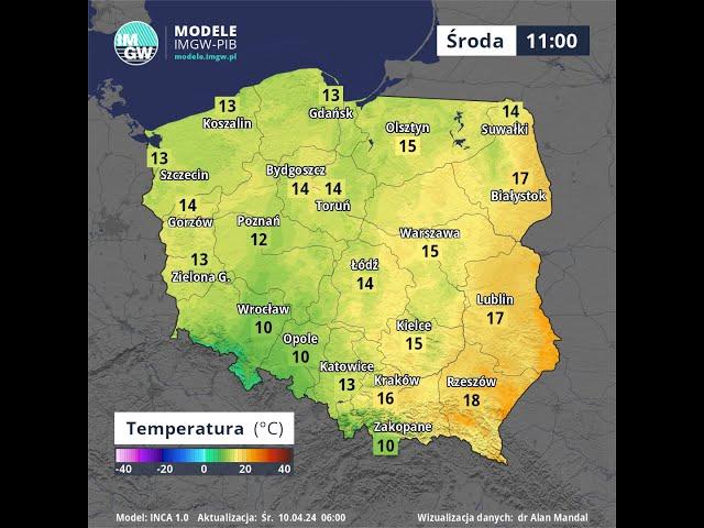 Prognoza temperatury powietrza ŚRODA 10.04.2024 na 8 godzin Model INCA #short #imgw #pogoda