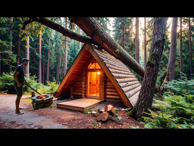 I Built a Bushcraft Survival House Under a Giant Fallen Tree Trunk