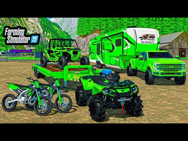 BUILDING "ALL GREEN" CAMPING SETUP! (LIFTED TRUCKS + RZR) | FS22