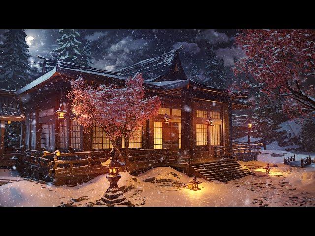 Japanese Winter Shrine Ambience with Flute, Piano, Koto Music in Background for Relaxation