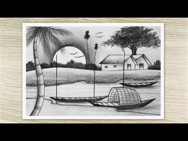 Riverside Sunrise Scenery Drawing with Pencil Sketch, Easy Pencil Drawing Tricks