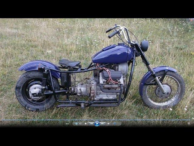 A HOMEMADE motorcycle with a car engine.