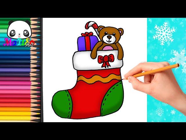 Как нарисовать НОВОГОДНИЙ РОЖДЕСТВЕНСКИЙ НОСОК  Новогодние рисунки How to draw a Christmas stocking