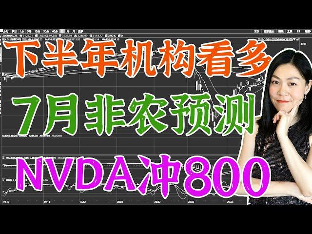 美股分析：阳光重仓英伟达冲800，经验总结。下半年机构普遍看多，7月非农相对乐观，下半年开局预测。