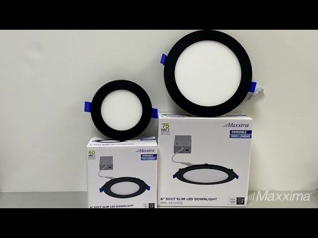 Maxxima Slim Round Recessed LED Downlight, Black Trim, Canless IC Rated, 5 CCT 2700K-5000