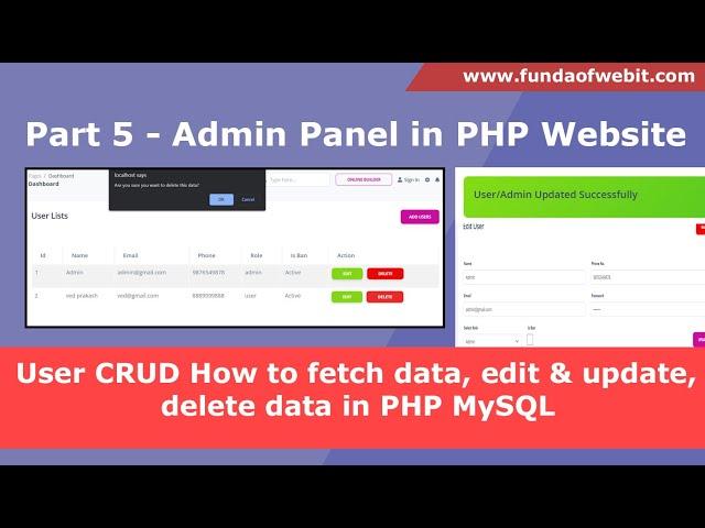 Part 5: PHP Admin Panel - User CRUD How to fetch data, edit & update data, delete data in PHP MySQL