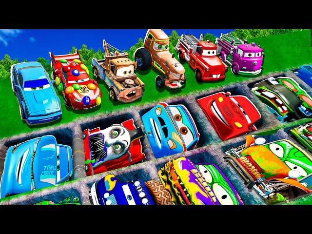 Mega pits with McQueen and Pixar Cars Vs Big & Small Lightning McQueen! BeamNG Drive Battle!