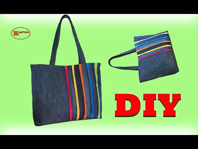 DIY COLORFUL STRIPE TOTE BAG SEWING TUTORIAL | DENIM TOTE BAG TUTORIAL