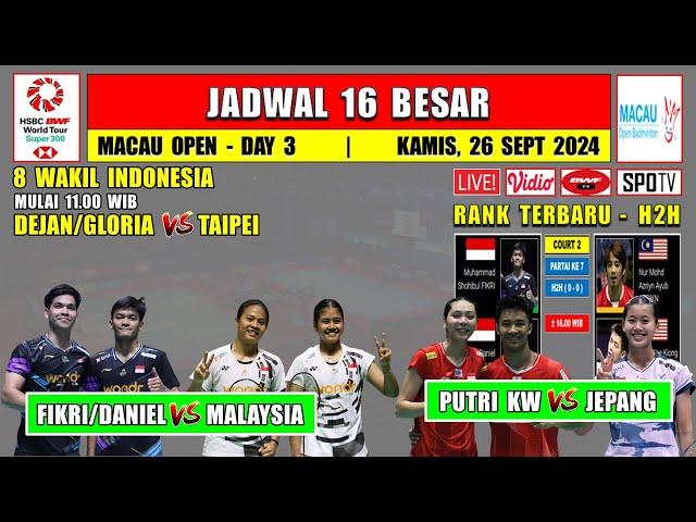 Jadwal 16 Besar Macau Open 2024 Hari Ini ~ FIKRI/DANIEL vs MALAYSIA ~ PUTRI KW vs JEPANG ~ 8 Wakil