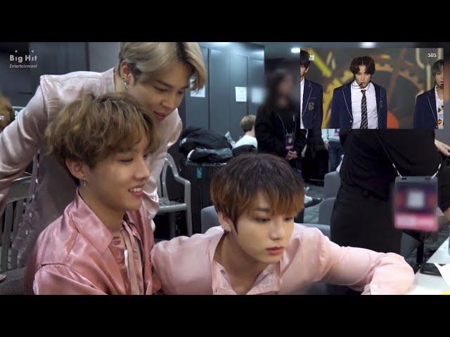 [BIGHIT FAMILY] BTS reaction to TXT BOY IN LUV cover + cute interaction backstage