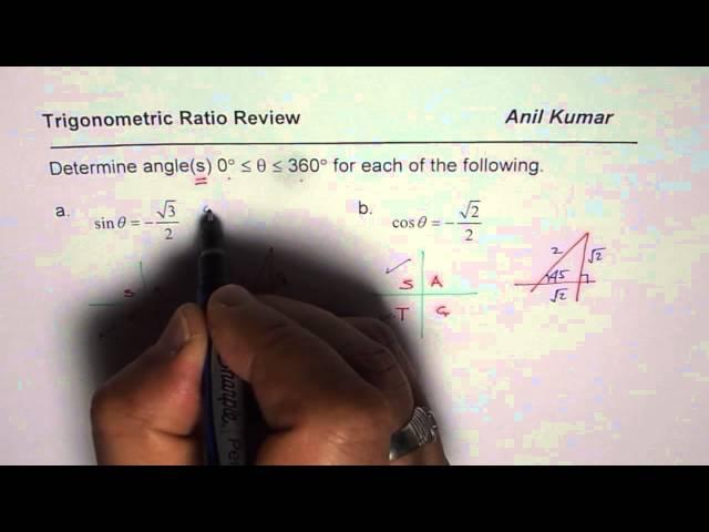 Find Possible Angles Between 0 to 360 degrees for Given Trigonometric Ratio