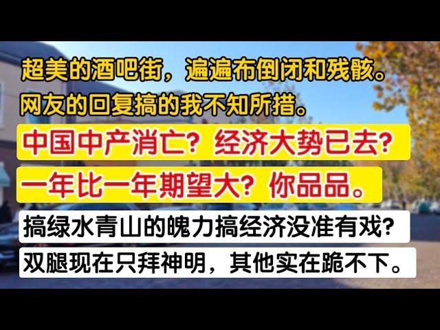 中国中产消亡？经济大势已去？一年比一年期望大？你品品。超美的酒吧街，遍布倒闭和残骸，搞绿水青山的魄力搞经济没准有戏。双腿只拜神明，其他跪不下。