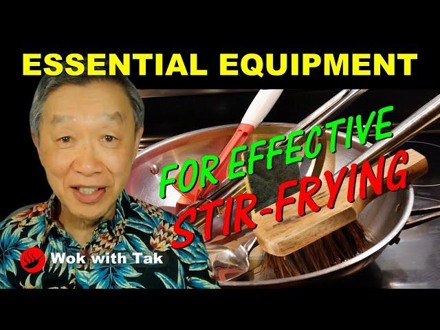 Essential equipment for stir-frying.  From wok to wok brush.