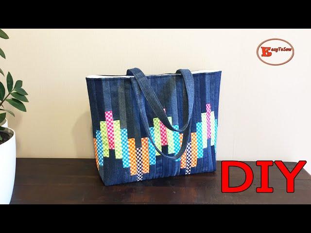 DIY STRIPE GINGHAM MIX DENIM PATCHWORK TOTE BAG SEWING TUTORIAL | PATCHWORK TOTE BAG TUTORIAL