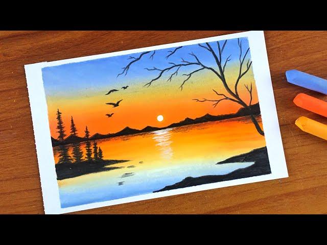 Simple Oil pastel Sunset Landscape Painting for beginners | Oil Pastel Drawing