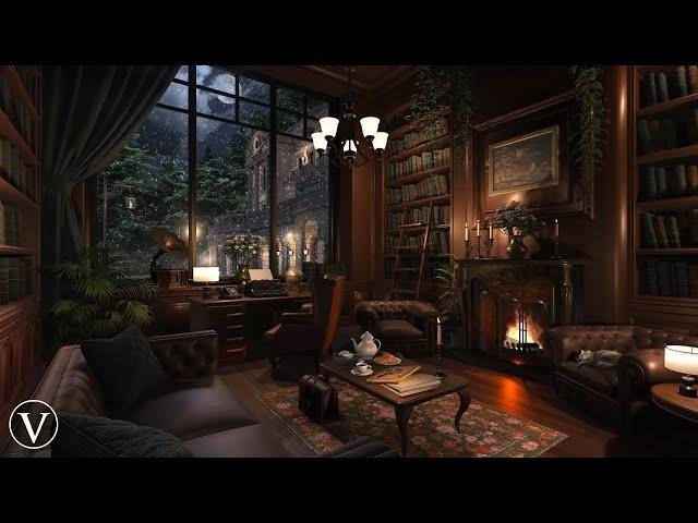 Manor Library | Night Rain Ambience | Fireplace & Thunderstorm Sounds