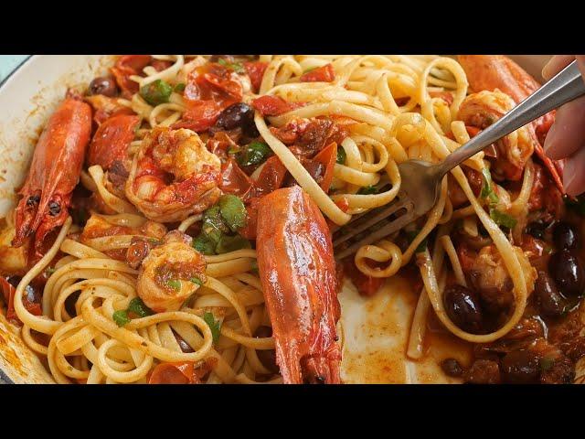 Spanish red shrimp and slow cooked octopus linguini