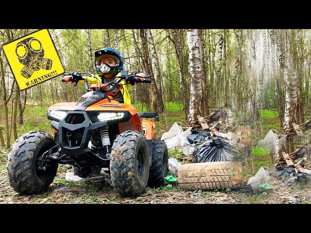 Funny baby Lev and Gleb Ride on Power wheel Quad bike and Safe the Earth from Garbage