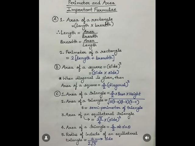 Perimeter and area important formulas l The study zone #math#mathformulas#mathskills#study#shorts