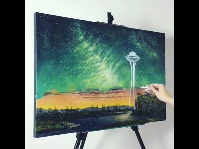 Painting a cityscape at night using acrylics  #shorts #acrylicpainting #cityscape