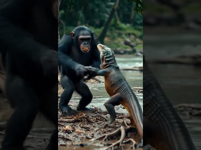 Chimpanzee vs Monitor Lizard Riverbank Clash