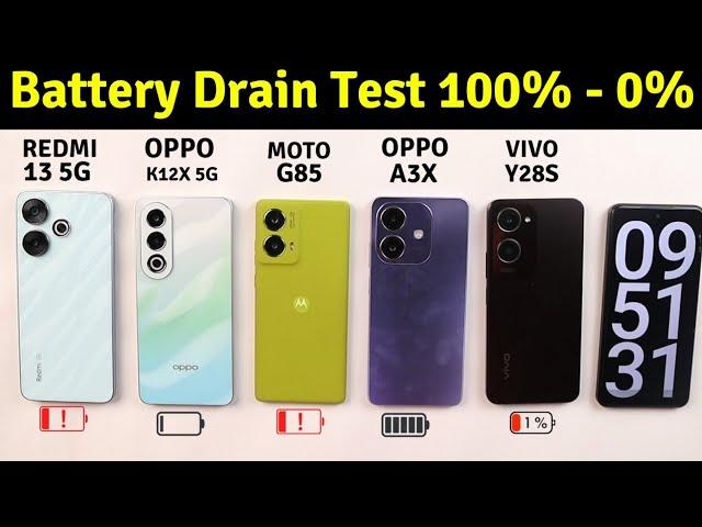 Oppo K12x vs Motorola G85 vs Redmi 13 5G vs Oppo A3x vs Vivo Y28s Battery Drain Test 100% - 0%