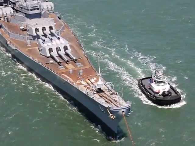 Battleship USS Iowa (BB-61) passing under Golden Gate bridge for her final voyage to LA. 05 26 2012