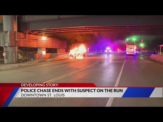 Police chase ends in fiery crash in downtown St. Louis, suspect flees