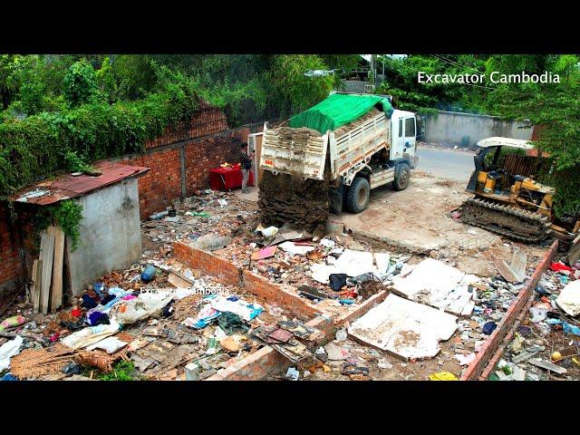 Starting New Project Landfill By Skill MlTSUBlSHl Bulldozer Pushing Sand & 5Ton Truck Dumping Sand