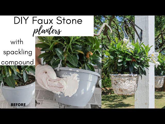 DIY faux stone planters with spackling paste or joint compound!