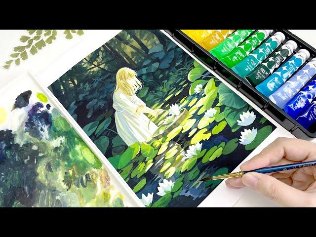 Relaxing Painting Video｜Water Nymph｜Gouache Painting Techniques｜Process｜Tutorial｜Paint with Me 🪷