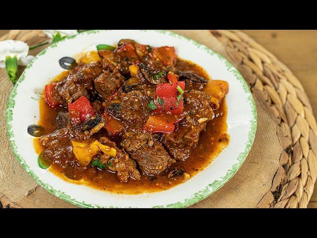 Make this Cozy Greek Beef Stew with Peppers & Mushrooms