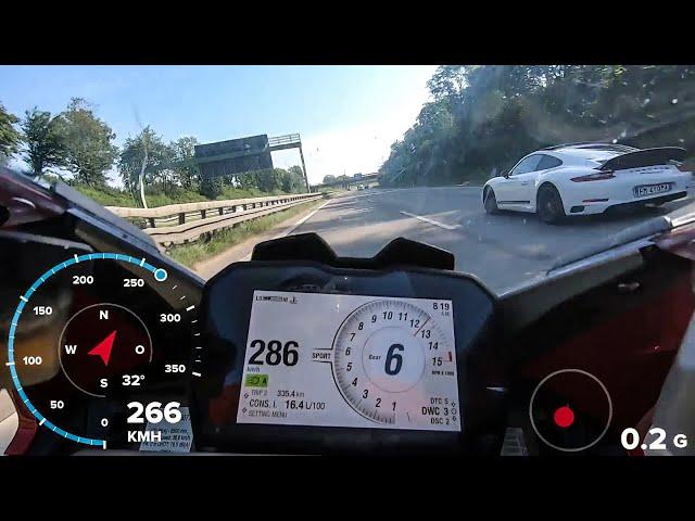 Ducati Panigale V4 und Porsche 911 Carrera S (991) auf Autobahn