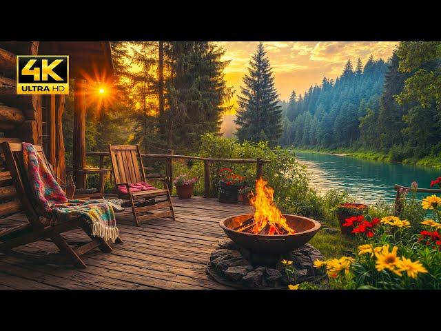 Cozy Summer Cabin Retreat by the River | Beautiful Sunset, Campfire, and Tranquil Nature Ambience 4K