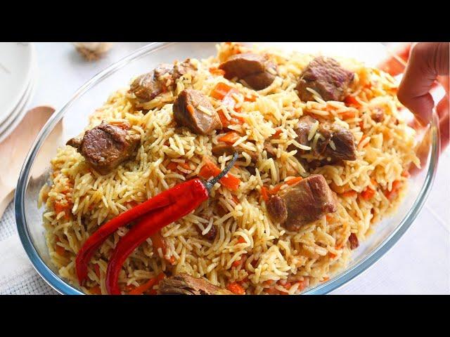 Traditional Uzbek Pilaf Recipe with Lamb - Uzbek Plov Uzbekistan National Dish - Plov Pulao or Pilaf