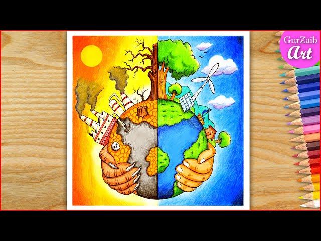 How to draw Earth Day Poster Drawing / Save earth save environment drawing