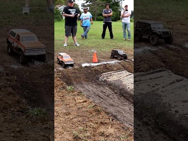 RC mud bog drag race with crawler trucks