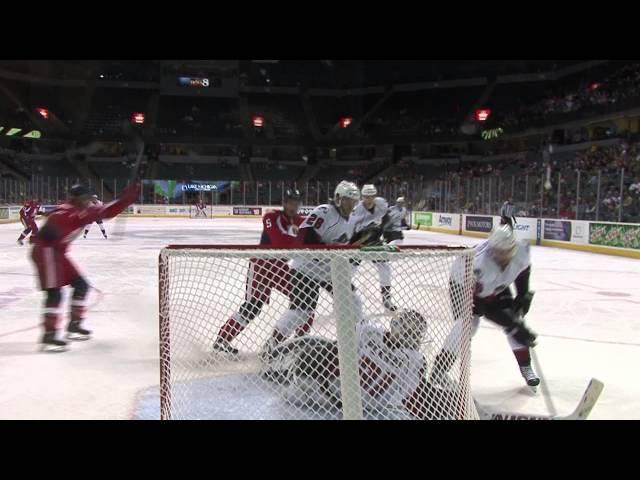 Ryan Sproul uses glass as backboard to score a goal