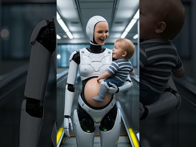 Robot mom chatting happily with her child