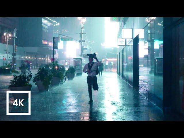 Walking in Heavy Thunderstorm at Night in NYC (Umbrella Binaural 3D Rain Sounds) ASMR 4K