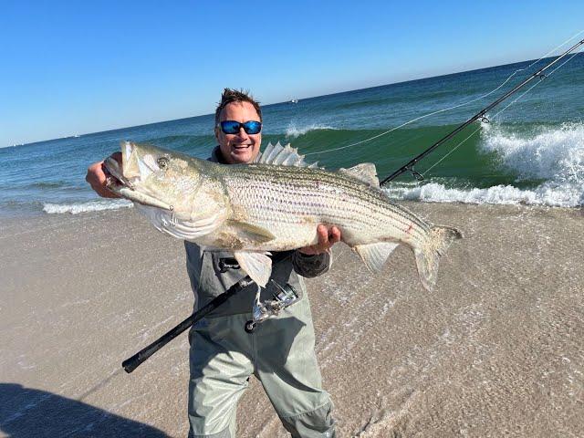 MONSTER STRIPED BASS IN NEW JERSEY SURF FISHING!