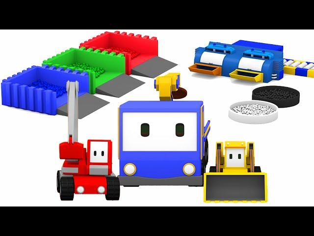 Mixing colors with Tiny Trucks: bulldozer, crane, excavator , Educational cartoon 