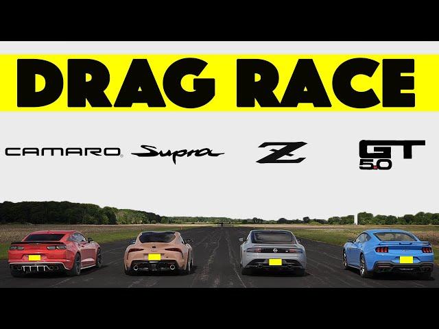 2024 Ford Mustang GT P3 Races Nissan Z, Toyota Supra and Chevy Camaro.  Drag and Roll Race.