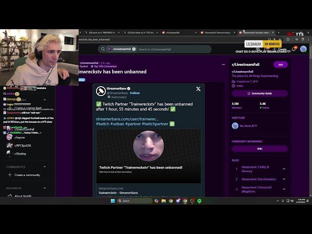 xQc reacts to Trainwrecks Banned & Unbanned on Twitch for No Reason