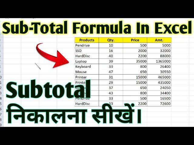 Subtotal Formula In Excel| Excel में Subtotal निकालने का आसान तरीका।