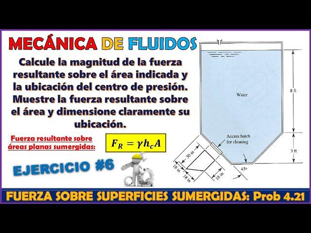 FUERZA RESULTANTE Y CENTRO DE PRESIÓN SOBRE SUPERFICIE TRAPEZOIDAL SUMERGIDA | Problema 4.21 Mott