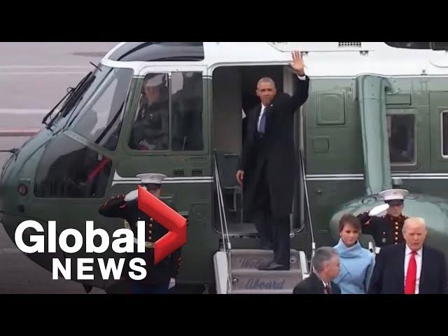 Barack and Michelle Obama wave goodbye to Washington