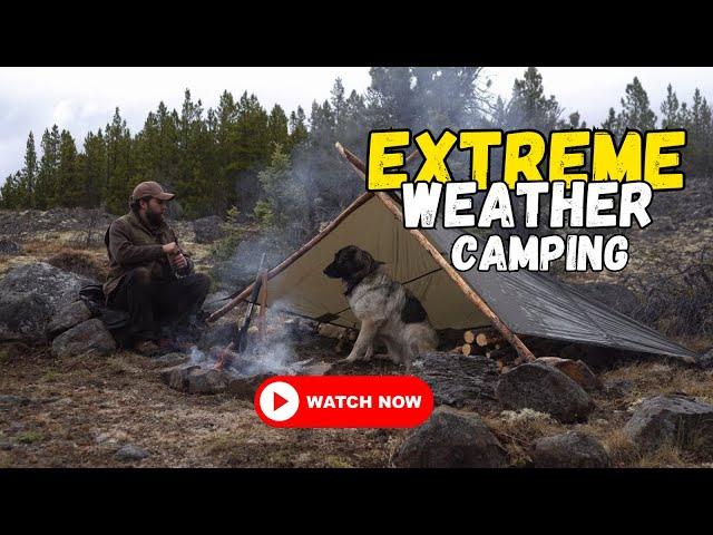 Bushcraft Camping in Extreme Weather | Pole-frame Tarp Shelter, Wet Weather Fire | by @wituikbws