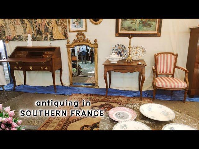 Flea Market in France. Beautiful art, Antique Furniture, And vintage tableware. Brocante Tour
